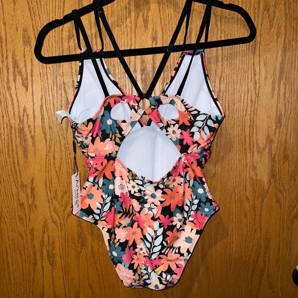Ai Mage Floral One Piece Swimsuit Women's Size S Backless Criss Cross Straps NWT